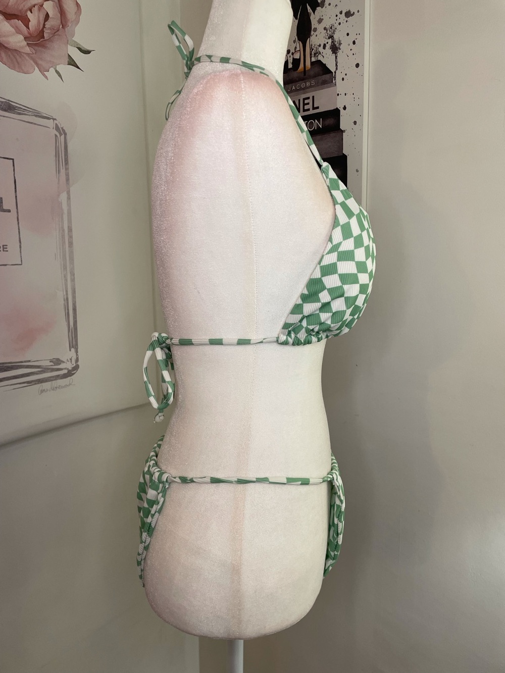 Zaful String Bikini Green & White Checkered Size 8 - Picture 4 of 14